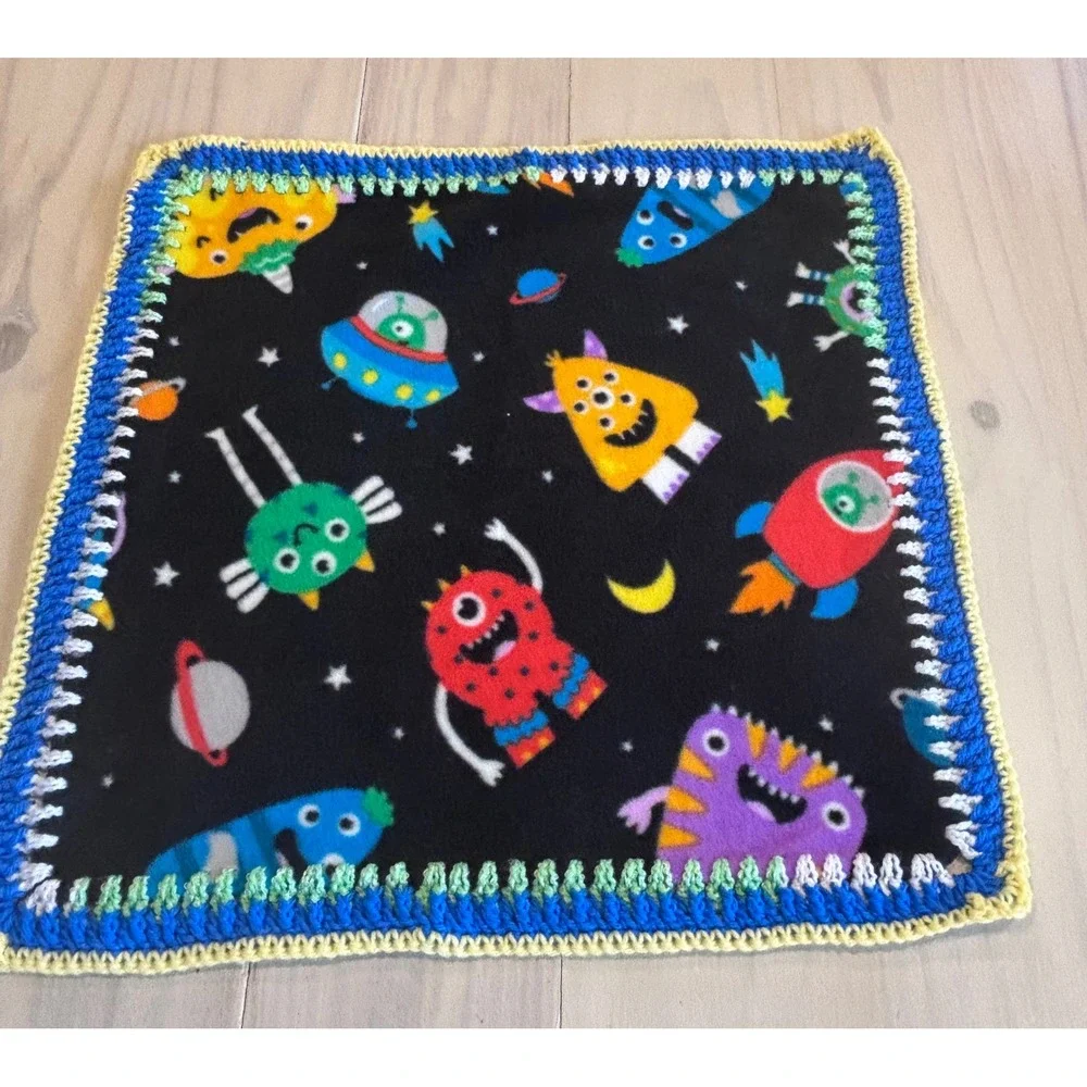Handmade Space Monsters‎ Fleece Security Blanket Crochet Trim Black 20x20 Lovey
